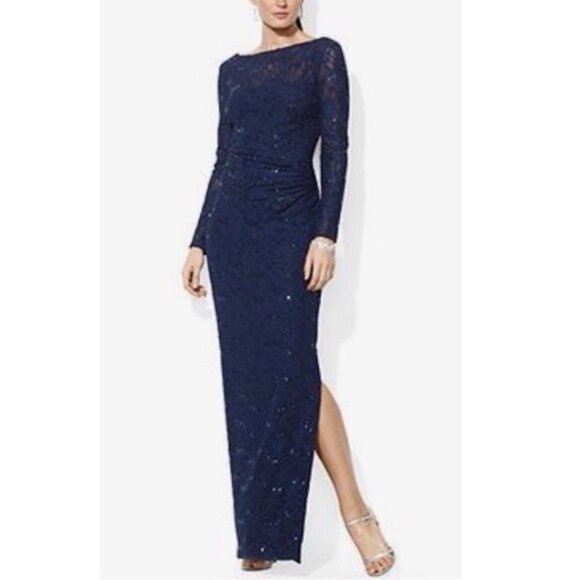 Ralph Lauren Formal Long Dress 10 Blue Sequin Wedding Party Cruise NEW $220 - Picture 1 of 11